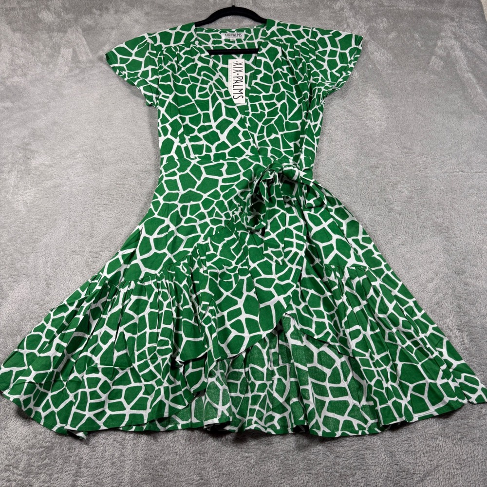 XIX Palms Wrap Dress Women Medium Green White Giraffe Print Ruffle Hem Rayon
